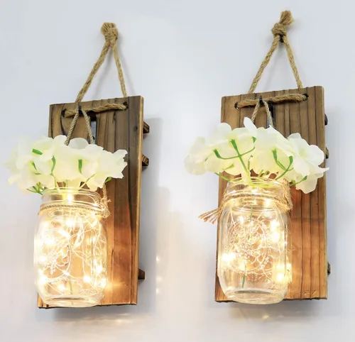 Vista 4 de Greenco GRC2859 - Aplique de pared con flor sintética y tira de luces LED, rústico