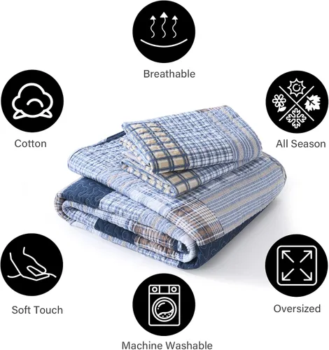 Vista 5 de PANGUSHAN - Juego de edredón tamaño Queen, 100% algodón, juego de ropa de cama, colcha reversible ligera de estilo granja con diseño de retazos Azul