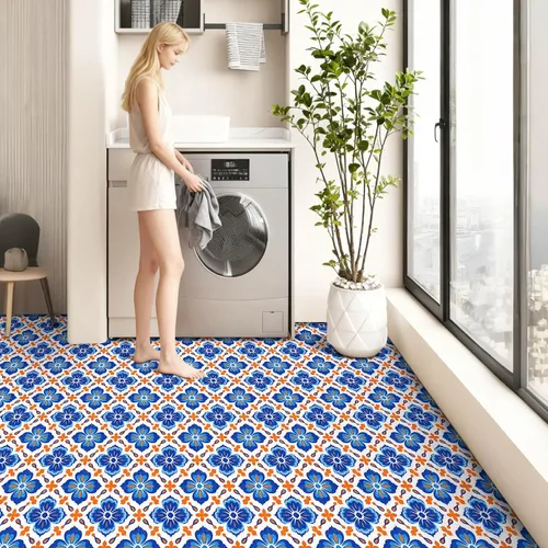 Vista 8 de IVN 10 azulejos de suelo de 12 x 12 pulgadas, diseño geométrico floral azul y naranja, autoadhesivas, removibles, autoadhesivas, calcomanías