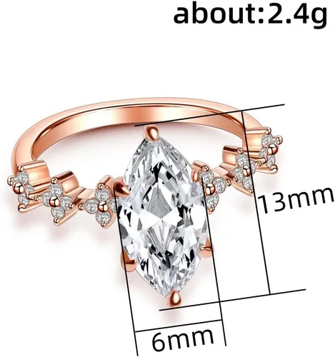 Vista 3 de Anillo de compromiso chapado en oro rosa con circonita cúbica transparente de corte marquesa para mujer, anillo de boda con halo de diamantes