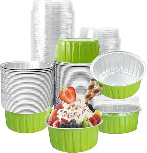 Vista 14 de 100 piezas de tazas de aluminio con tapas, 5 onzas de tazas desechables de ramekin para hornear, forros para magdalenas, mini moldes para tartas