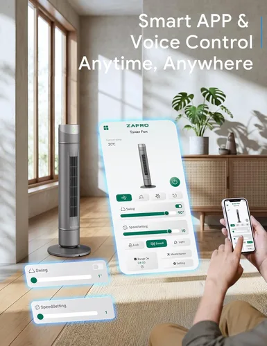Vista 43 de ZAFRO Ventilador de torre inteligente para dormitorio, ventilador de torre oscilante de 120°, 28 pies/s de alta velocidad, 12 velocidades, 4 modos