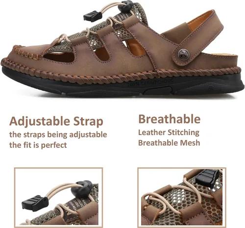 Vista 4 de MAIZUN Sandalias de cuero con puntera cerrada para hombre, correa atlética, para exteriores, ajustables, para pescador, sandalias de verano