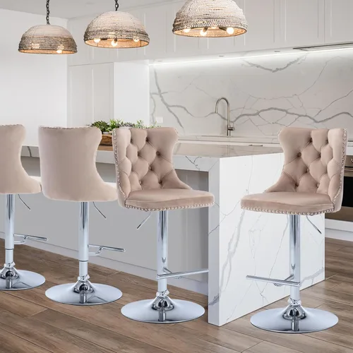Vista 94 de SoarFlash Juego de 2 taburetes de bar tapizados de terciopelo moderno con patas de madera, botones acolchados, cabeza de clavo cromada, asiento