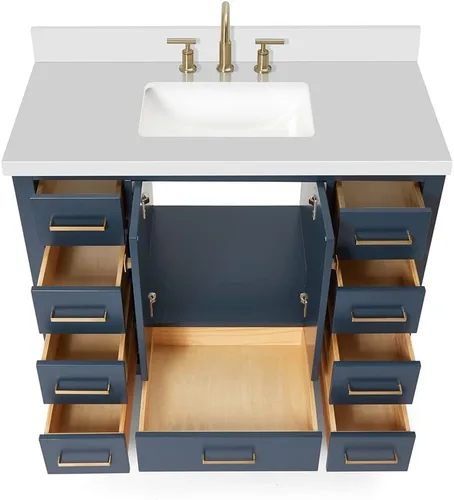 Vista 11 de ARIEL Cambridge - Mueble de baño con lavabo de 42 pulgadas, madera maciza, encimera de cuarzo blanco puro de 1.5 pulgadas, fregadero rectangular