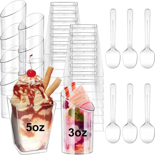 Vista 9 de Funtery Paquete de 300 mini tazas de postre de 3 onzas y 4 onzas con cucharas, tazas reutilizables de plástico transparente para yogur, parfait