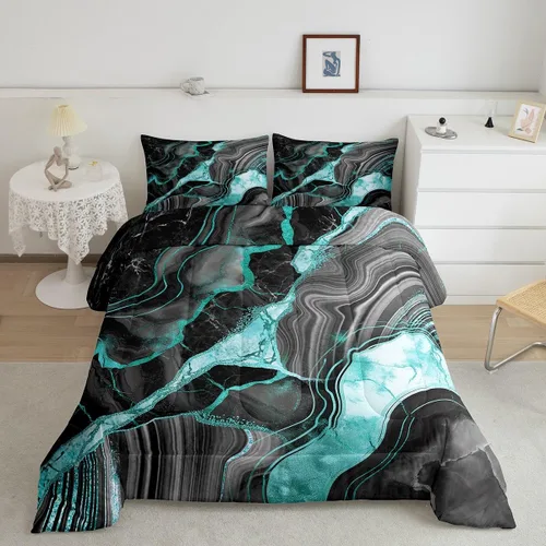 Vista 29 de Juego de edredón de mármol negro individual, ropa de cama dorada agrietada para adultos, hombres y mujeres, juegos de edredón de textura metálica