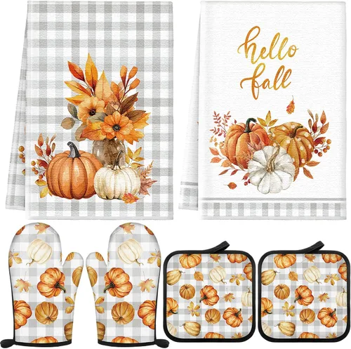 Vista 13 de Bencailor - Juego de 6 manoplas de cocina de otoño para ollas y guantes de horno, guantes de horno de calabaza azul, soportes para ollas de cosecha