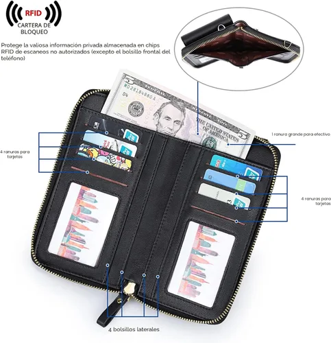 Vista 4 de S-ZONE - Bolso cruzado para mujer, de cuero sintético de PU, con bloqueo RFID, para teléfono celular/billetera A-Negro