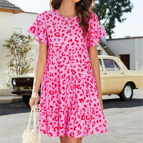 Vista 5 de Vestidos de verano de manga corta para mujer, estilo casual, cuello redondo, estampado floral, mini vestido con volantes, suelto, vestido corto