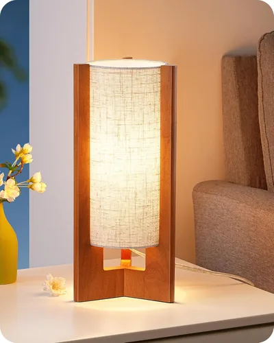 Vista 10 de EDISHINE Small Wood Table Lamp, 13.5" Modern Bedside Lamp, Beige Linen Shade, Natural Wood Cylinder Nightstand Lamp for Bedroom Living Room, On-Off