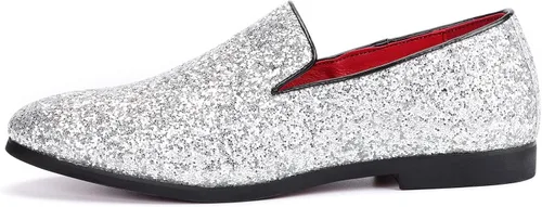Vista 2 de Haza Pairs Pantuflas brillantes para hombre, con lentejuelas metálicas, con textura, esmoquin con purpurina, mocasines de graduación, zapatos