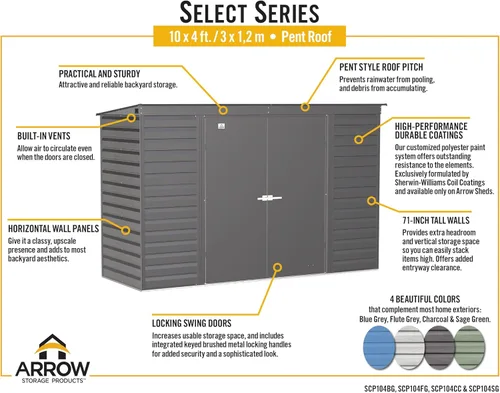 Vista 10 de Arrow Select - Cobertizo de almacenamiento de acero con cerradura para exteriores de 10 x 4 pies, color gris flauta Flauta Gris