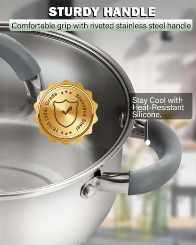 Vista 6 de Cook N Home Olla de acero inoxidable de 3 cuartos de galón, olla pequeña con tapa de vidrio, olla básica para saucier, asas de silicona que se