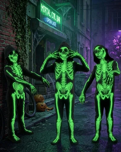 Vista 6 de BOMLY Disfraz de esqueleto para niños, disfraz de Halloween con capucha y Negro
