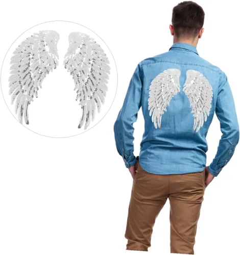Vista 9 de Zerodeko Sequin Angel Wings Patch DIY Sewing Applique for Clothing Silver Embroidered Fabric Decoration Craft Supplies for Jackets Hats