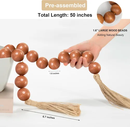 Vista 167 de OMISHE Guirnalda de cuentas de madera extra grande con cuentas de madera y borlas de 1.6 pulgadas de diámetro, cuentas decorativas rústicas de 41