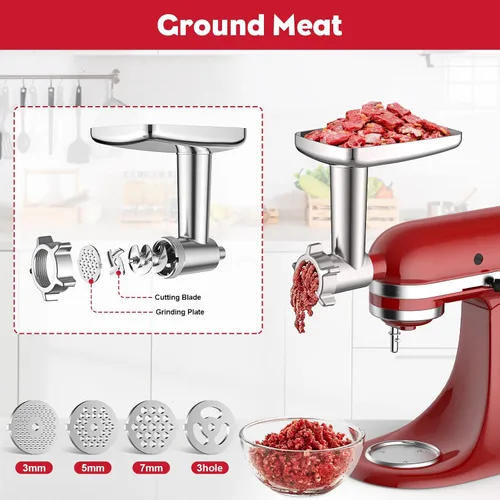 Vista 2 de Accesorio para picadora de carne para batidora de pie KitchenAid, picadora de carne para KitchenAid, incluye 3 accesorios para embutir salchichas