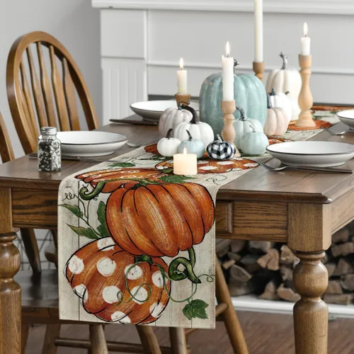 Vista 3 de Artoid Mode Camino de mesa de otoño de madera de vid de 210 GSM, diseño de lunares, decoración de mesa de comedor de cocina de otoño para decoración