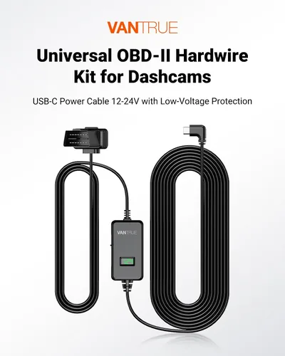Vista 2 de VANTRUE Cable de alimentación con cableado directo OBD de pantalla LED USB USB-C de 10 pies, 3 niveles de potencia, protección de bajo voltaje