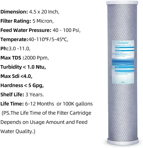 Vista 3 de Geekpure Cartucho de filtro de agua de bloque de carbono universal compatible con 20 pulgadas para filtro de agua para toda la casa, 4.5 x 20