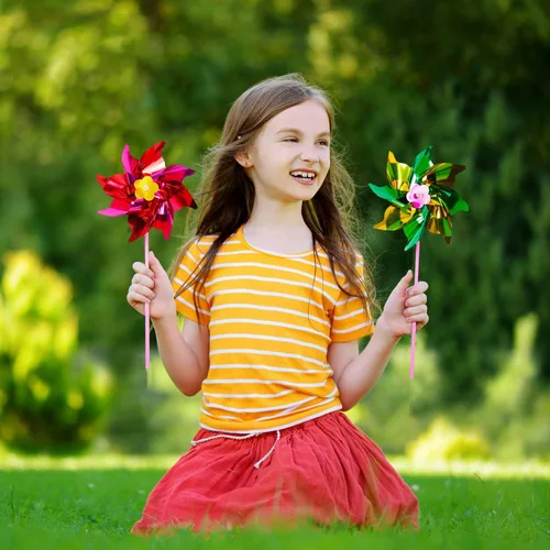 Vista 5 de Elcoho Molino de viento de plástico arcoíris de 100 piezas, molinetes de fiesta, molinetes de bricolaje para niños, juguete para jardín, fiesta