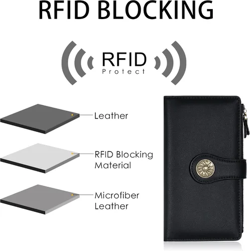 Vista 5 de Travelambo Cartera de mujer con bloqueo RFID triple embrague de gran capacidad para tarjetas de crédito, monedero de viaje