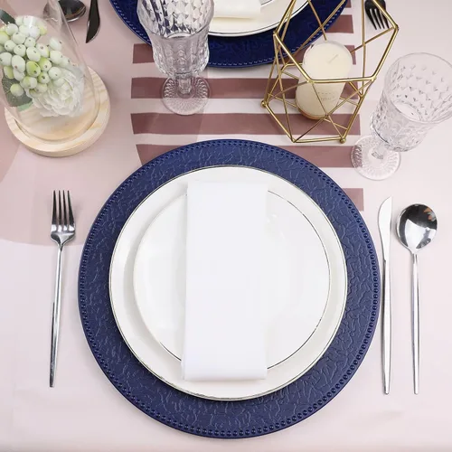 Vista 5 de Platos de carga azul marino con bordes abalorios, juego de 6 platos de plástico para bodas a granel para platos de cena, decoración de mesa