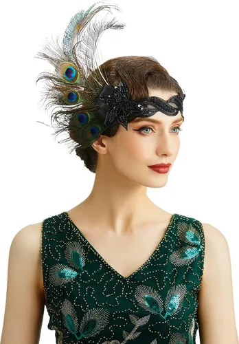Vista 6 de BABEYOND Diadema de plumas de pavo real de los años 20, accesorios de Gatsby para mujer con lentejuelas Beige