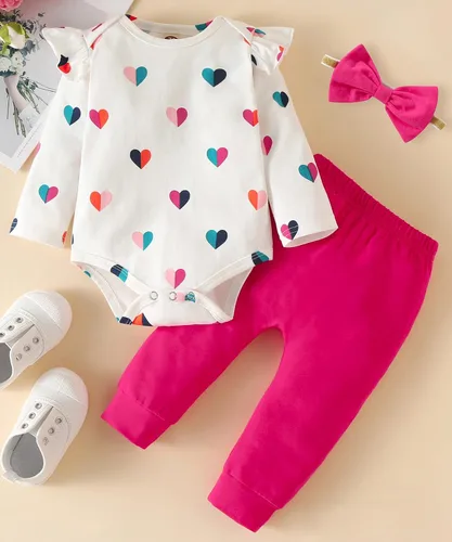 Vista 2 de Fullfamous Conjunto de mameluco y pantalón de manga larga con volantes para niña de 3 piezas
