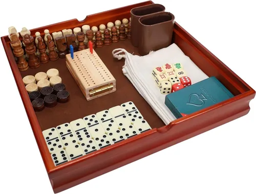 Vista 3 de Set de juego de madera 7 en 1, tablero de 12 pulgadas, incluye ajedrez, damas, backgammon, dominó, cuna, dados de póquer, tarjetas