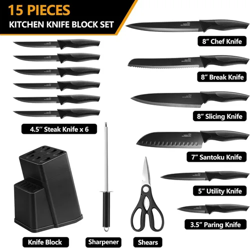 Vista 2 de E-far Juego de cuchillos con bloque, juego de 15 piezas de cuchillos de cocina con afilador, juego de cuchillos de chef de acero inoxidable de alto