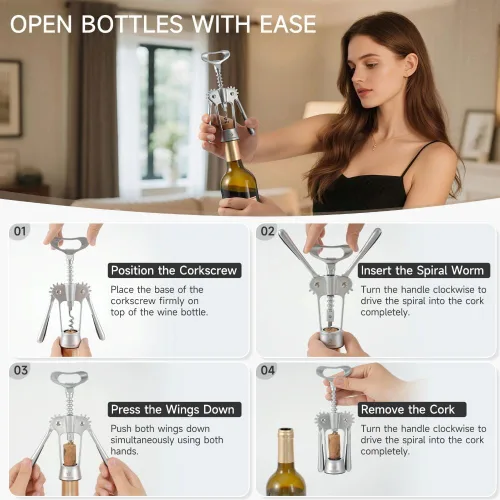 Vista 3 de Abridor de vino, sacacorchos de ala de alta resistencia para botellas de vino, abridor de botellas de vino con tornillo en espiral afilado, asas