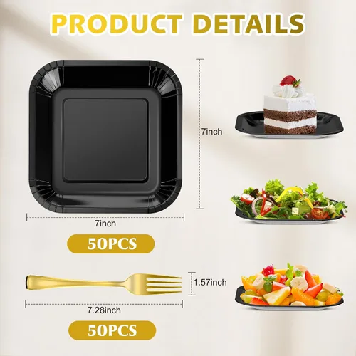 Vista 2 de Dandat 100 platos pequeños de papel negro de 7 pulgadas, platos cuadrados desechables para tartas con tenedores de postre de plástico, vajilla