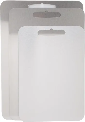 Vista 5 de 3 tablas de cortar para cocina, juego de tablas de cortar de acero inoxidable 304 de doble cara, tablas de cortar para lavavajillas para carne