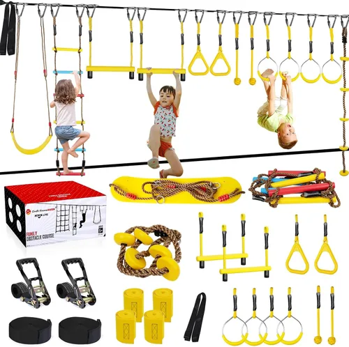 Vista 8 de Ninja Warrior - Carrera de obstáculos para niños, kit de línea floja de 2 x 56 pies con 10 accesorios ninja, barra de mono, escalera de cuerda