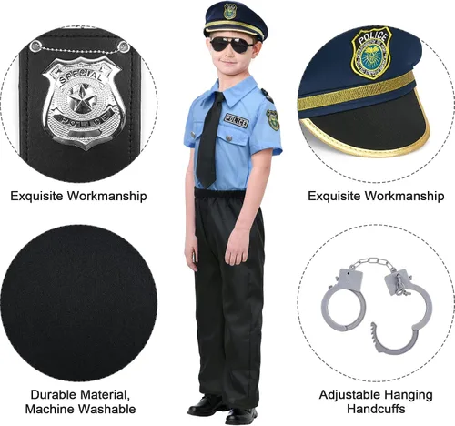 Vista 4 de Latocos Police Officer Costume for Kids Halloween Dress Up Set Boy Girl Role Play Cop Shirt Pants with Accessories Toy
