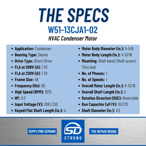 Vista 2 de Supplying Demand W51-13CJA1-02 Motor de condensador HVAC 1/3 HP 1 Fase 1 Velocidad 208/230V 1075 RPM debe coincidir con las especificaciones