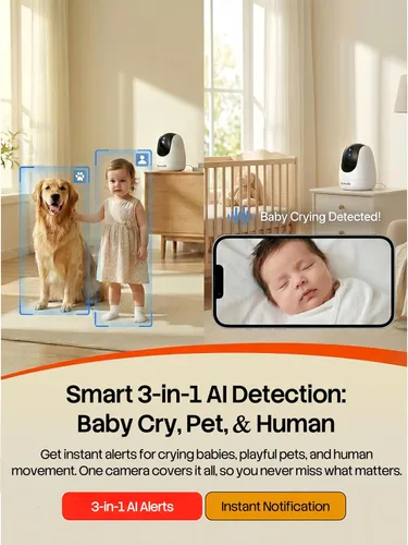 Vista 4 de Tenda CP3 Pro 2K Cámara de seguridad interior con WiFi 6 y detección AI para bebés/mascotas - Monitor de bebé, cámara para mascotas para el hogar