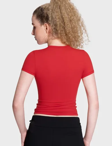 Vista 4 de PUMIEY Camiseta básica de manga corta con cuello redondo para mujer, con doble forro, ajustada, colección Smoke Cloud Pro
