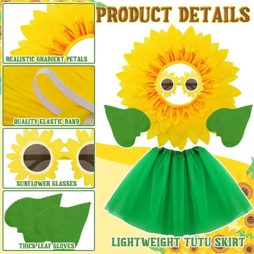 Vista 3 de Xtinmee Juego de 8 piezas de disfraz de girasol, gafas de girasol, guantes verdes, faldas de baile tutú verde, disfraz divertido para adultos