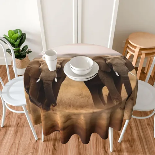Vista 7 de Mantel redondo de otoño de 60 x 60 pulgadas, mantel con estampado de animales salvajes y elefantes, impermeable, resistente a las arrugas, mantel