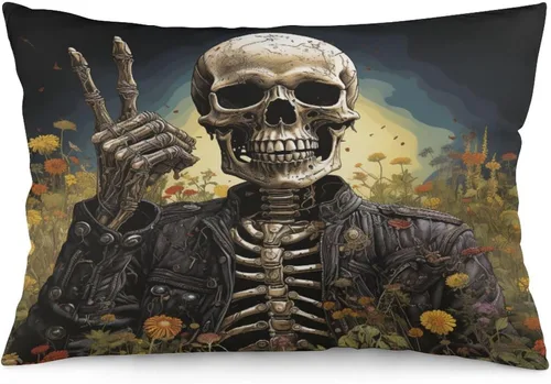 Vista 9 de Funda de almohada divertida de calavera de Halloween de 12 x 20 pulgadas, funda de almohada rústica de Halloween con cremallera oculta, suave