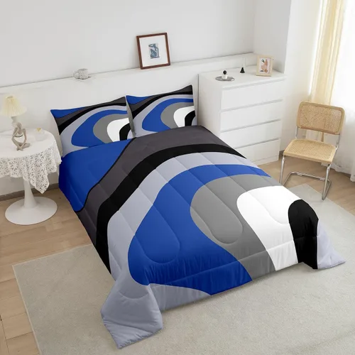 Vista 3 de Juego de edredón de remolinos azul real, negro y gris, juego de ropa de cama moderno con diseño de remolinos para niños, adolescentes, niños