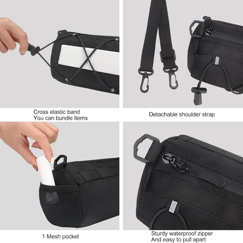 Vista 4 de KOSIBATE Bolsa para manillar de bicicleta con correa para el hombro, bicicletas de carretera de montaña, bolsa frontal de almacenamiento (negro)