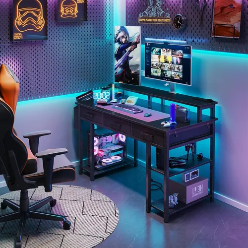 Vista 2 de Lufeiya Escritorio para juegos con luces LED y tomas de corriente, escritorio de oficina en casa de 47 pulgadas con soporte para monitor y estantes