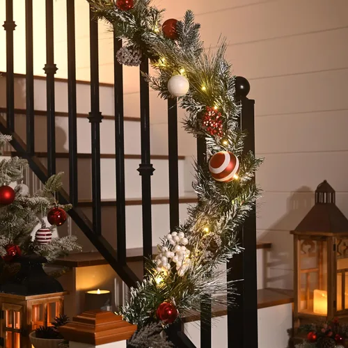 Vista 5 de Valery Madelyn - Guirnalda de Navidad de 1.8 m preiluminada con luces para repisa, guirnalda iluminada de Navidad para exteriores con bolas rojas
