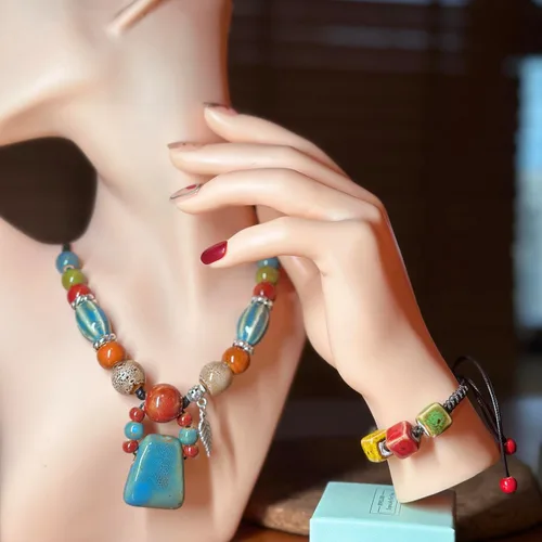 Vista 3 de Boho étnico multicolor declaración colgante collar bohemio moda joyería regalo para mujeres niñas con bolsa