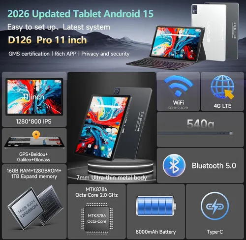 Vista 2 de Android 15 Tablet 2026 Última tableta de 11 pulgadas con teclado, 128 GB ROM 16 GB RAM 2TB Expand, 8000 mAh, tabletas Octa-Core con WiFi 5G/2.4G