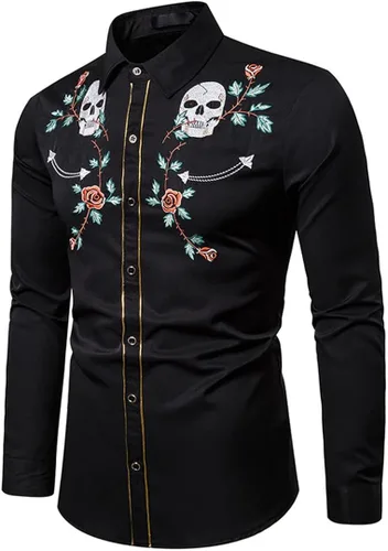 Vista 3 de YZ-Henoeng Camisas para hombre, ajustadas, manga larga, con bordado de calavera de rosa, estilo occidental, ropa de calle
